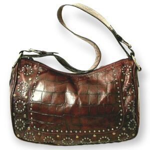 BERGE ITALY DEEP RED CROCO EMBOSSED GENUINE LEATHER STUDDED ZIP SHOULDER BAG